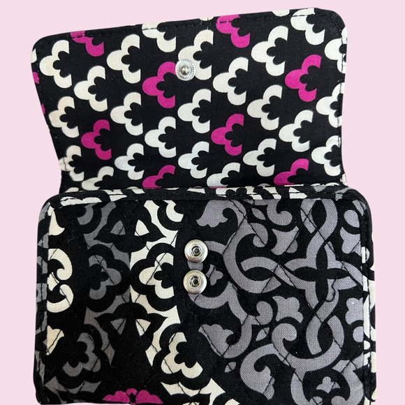 Vera Bradley Tri-Fold Wallet Accordion Quilted Cotton Black Pink ID Card Case - Picture 12 of 13